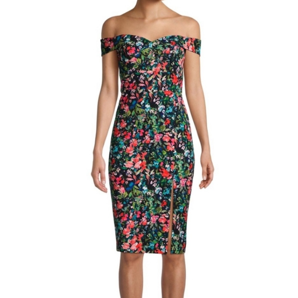 Aidan Mattox One-Shoulder Floral Pencil Dress in Black Multi